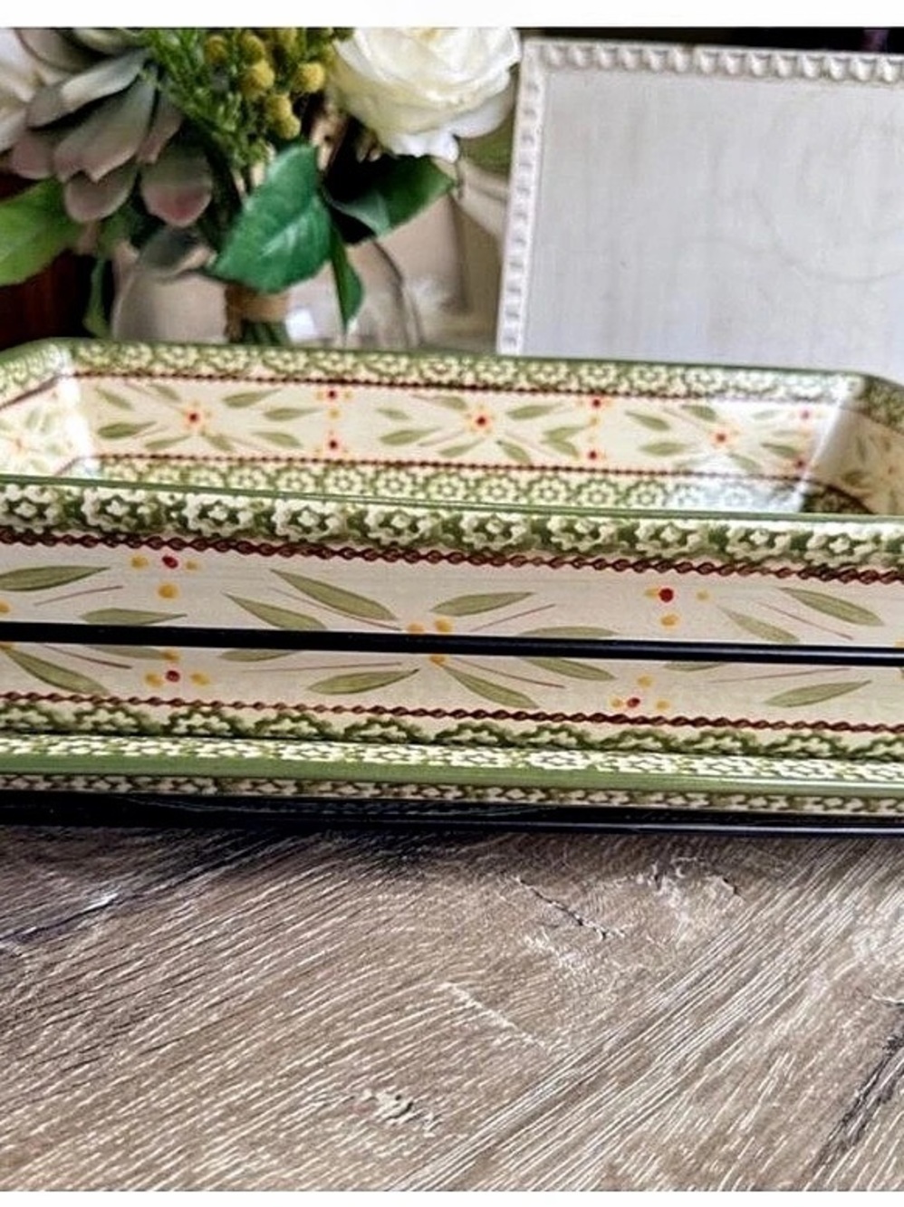 Temptations Floral Serving Tray in Green & White